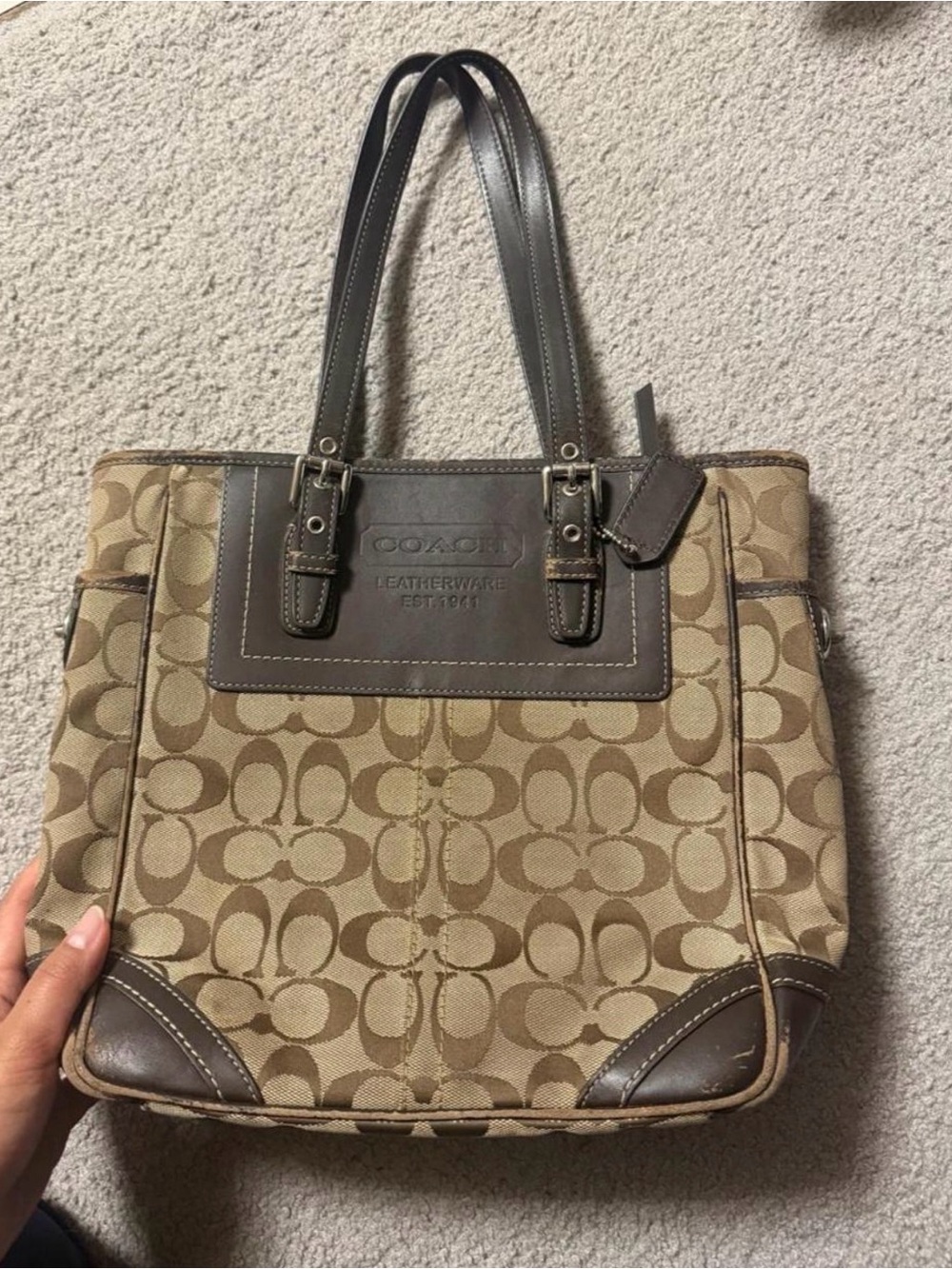 Coach Beige Signature Canvas Tote with Brown Leather Trim